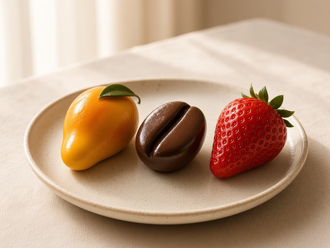 Coffee bean, mango, and strawberry trompe l'œil desserts