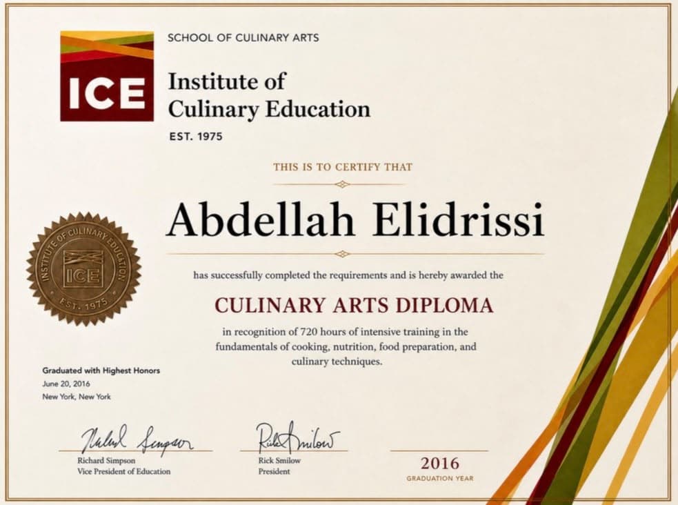 Abdellah El Idrissi's Culinary Arts diploma